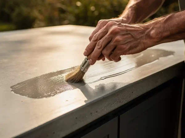 Verweerde hand die beschermende sealant aanbrengen op een betonnen buitenkeuken aanrechtblad met natuurlijke kwast in warm middaglicht.