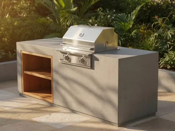 Betonnen buitenkeuken met ingebouwde stalen grill en houten accenten op zonnig terras, omgeven door weelderig groen.
