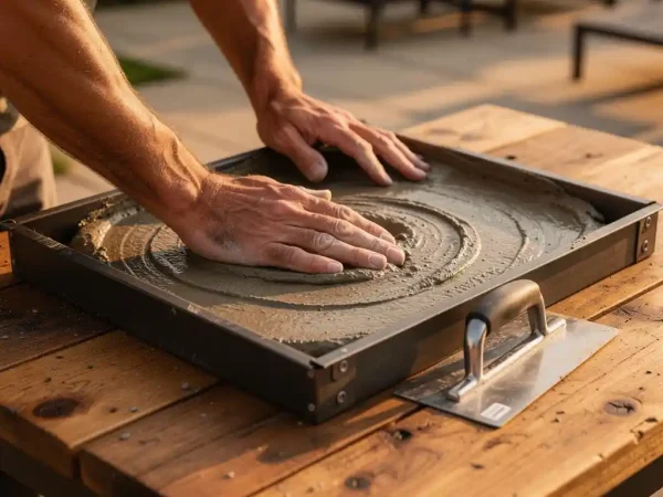 Verweerde handen die natte beton gladstrijken in een stalen mal voor een buitenkeuken aanrechtblad, troffel op de rand, zonnig terras.