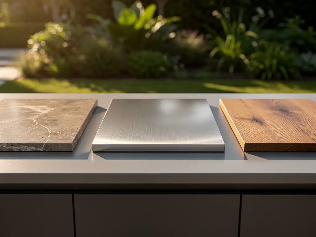 Drie buitenkeuken aanrechtblad materiaalstalen — natuursteen, roestvrij staal en geolied hardhout — naast elkaar in warm middagzonlicht.