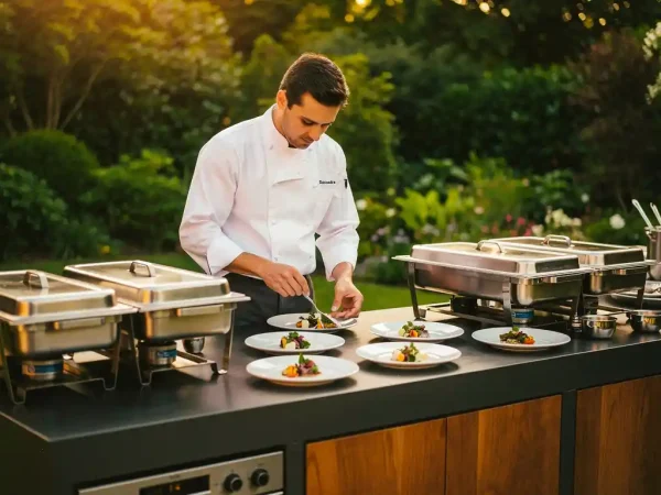 Chef bereidt elegante gerechten op een stalen en houten buitenkeuken, omgeven door groen en warm avondlicht.