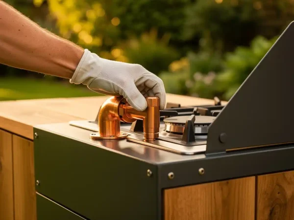 Gehandschoende hand die een koperen gasaansluiting bevestigt aan een ingebouwde brander van een buitenkeuken met stalen frame en houten panelen.