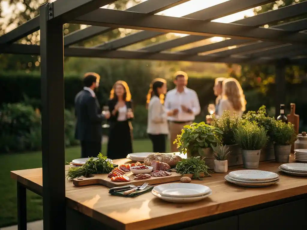 Buitenkeuken met houten werkblad, charcuterie en verse kruiden, omringd door gasten in een tuin bij gouden uurstemming.