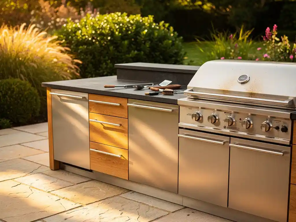Buitenkeuken van roestvrij staal en warm eikenhout op een zonnig stenen terras met grillgereedschap en groene tuin op de achtergrond.
