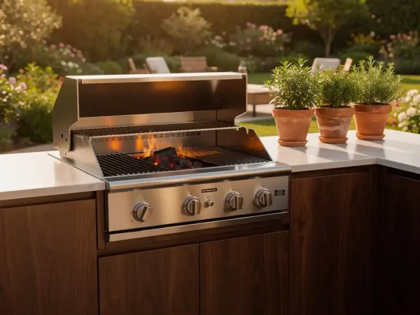 Ingebouwde roestvrijstalen barbecue in buitenkeuken met donker hardhouten kasten, terracotta kruidenpotten en gloeiende houtskool op zonnig terras.