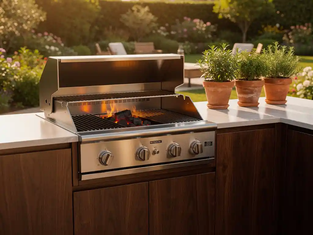 Ingebouwde roestvrijstalen barbecue in buitenkeuken met donker hardhouten kasten, terracotta kruidenpotten en gloeiende houtskool op zonnig terras.