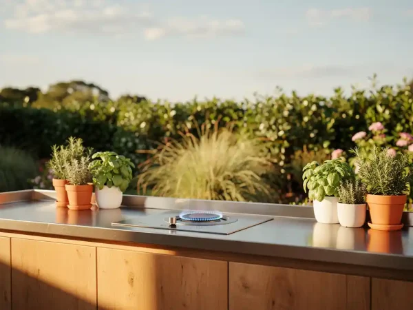 Buitenkeuken van staal en hout op zonnig terras met brandende gasbrander, verse kruiden in potten en weelderige tuinplanten op de achtergrond.