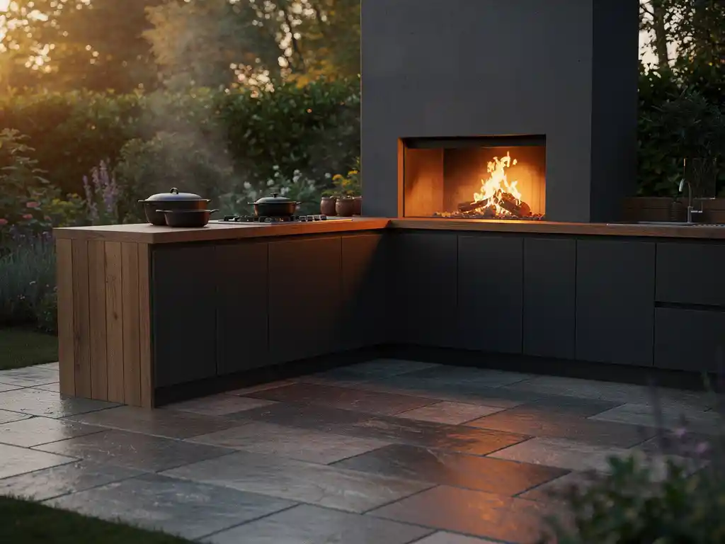 Buitenkeuken van staal en hout met brandende ingebouwde haard op natuurstenen terras, omgeven door weelderige avondtuin.