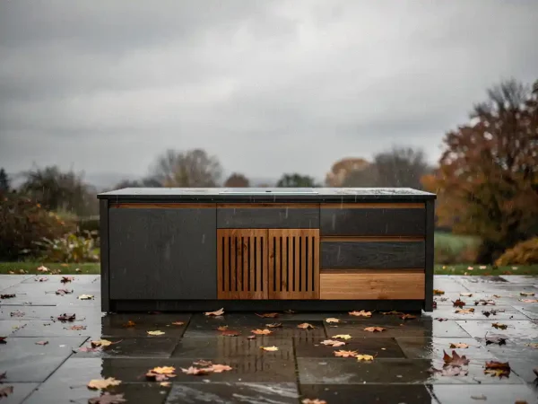 Buiten keuken van staal en eikenhout op regennat terras, waterplassen op het aanrechtblad, bewolkte herfstlucht op de achtergrond.