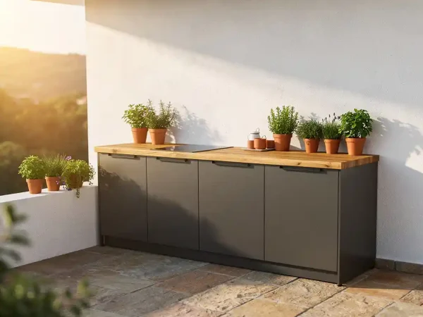 Compacte buitenkeuken van staal en warm hout op een zonnig terras, met verse kruiden in terracottapotten tegen een witte muur.