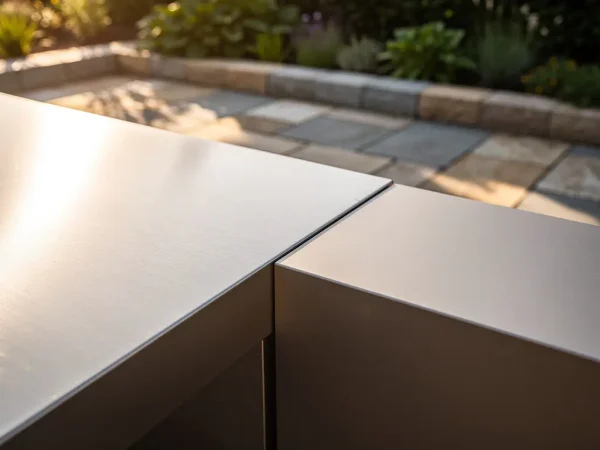 Buitenkeuken aanrechtblad van geborsteld roestvrij staal en mat aluminium in warm middagzonlicht op Nederlands terras.