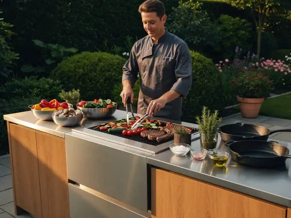 Chef grilt groenten en vlees op een stalen buitenkeuken met eikenhout, omgeven door verse kruiden en gietijzeren pannen in een Nederlandse tuinpatio.