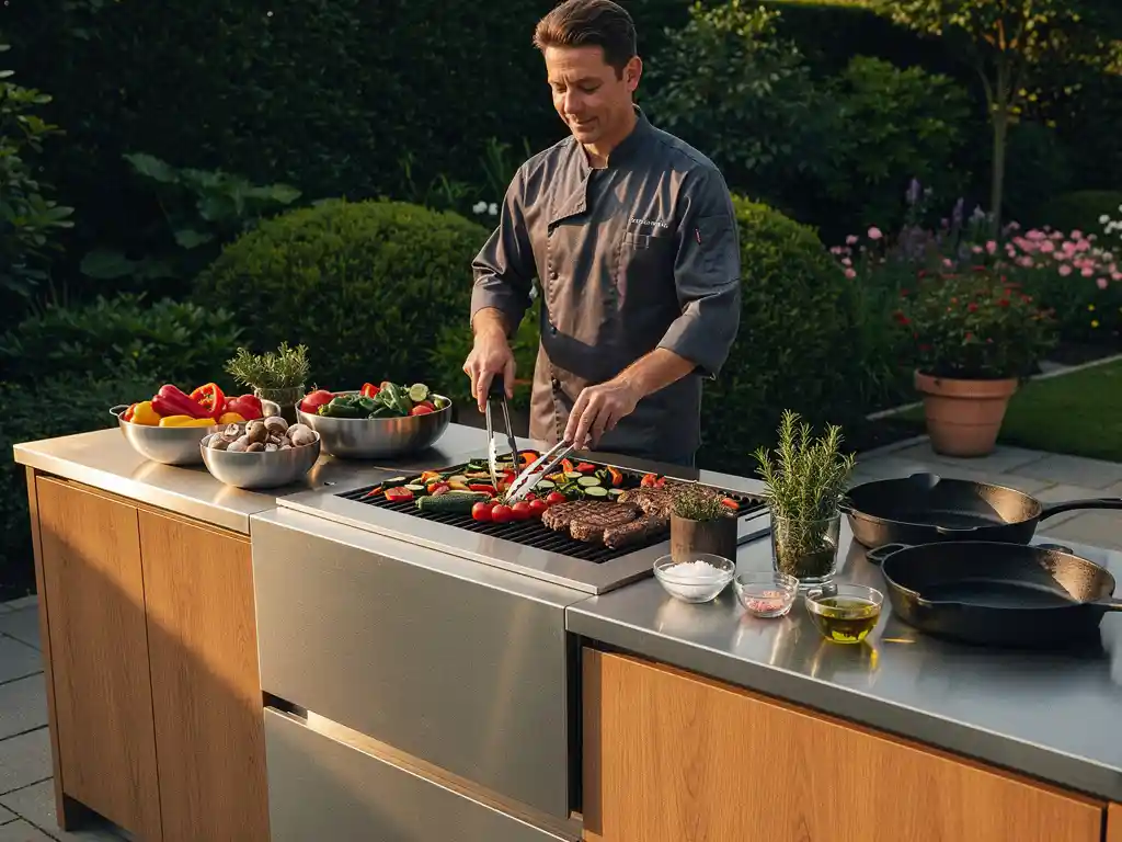 Chef grilt groenten en vlees op een stalen buitenkeuken met eikenhout, omgeven door verse kruiden en gietijzeren pannen in een Nederlandse tuinpatio.