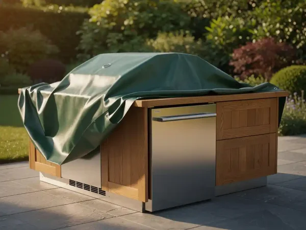 Buitenkeuken met stalen en houten oppervlakken afgedekt met zwaar weerbestendig dekzeil in warm middaglicht.