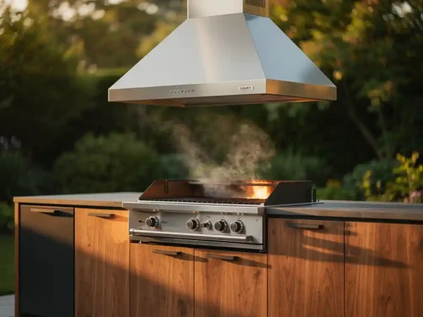 Roestvrijstalen afzuigkap boven een buitenkeuken met ingebouwde grill, hardhouten kasten en donkere stalen panelen in middagzon.