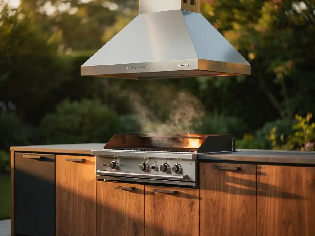 Roestvrijstalen afzuigkap boven een buitenkeuken met ingebouwde grill, hardhouten kasten en donkere stalen panelen in middagzon.