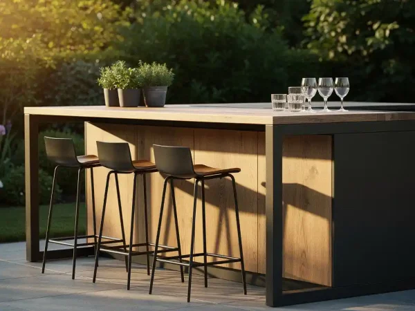 Buitenkeuken met ingebouwde bar, donker stalen frame, warm eiken blad en barkrukken, omgeven door tuingroen in zachte avondzon.