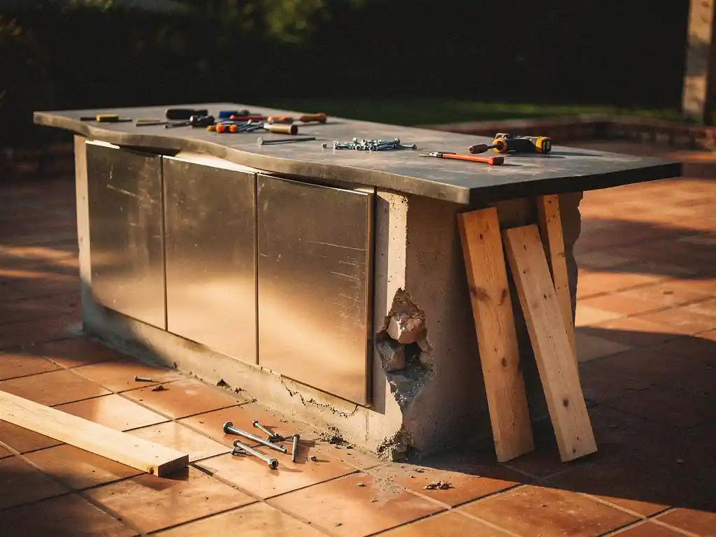 Halfafgebouwde buitenkeuken met scheve stalen panelen, ongelijk aanrechtblad en brokkelig betonnen fundament op zonnig terras.