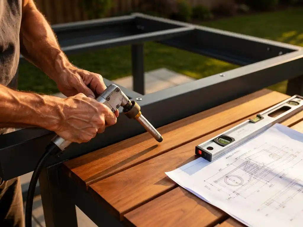 Vakman last stalen frame van buitenkeuken op zonnig terras, met hardhouten latten, waterpas en bouwtekening op de voorgrond.