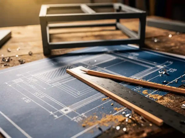 Stalen liniaal en houten potlood op technische bouwtekening van een buitenkeuken, met stalen frame op achtergrond.