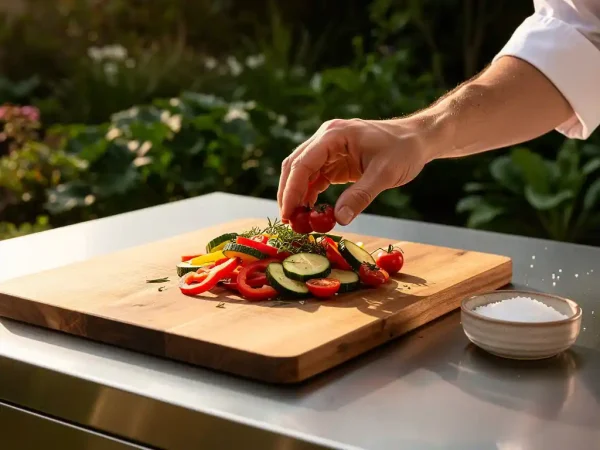 Chef plaatst verse groenten op roestvrijstalen buitenkeuken aanrechtblad, met snijplank en grof zeezout in warm middagzonlicht.