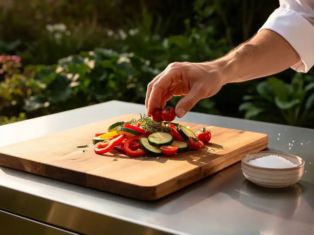 Chef plaatst verse groenten op roestvrijstalen buitenkeuken aanrechtblad, met snijplank en grof zeezout in warm middagzonlicht.