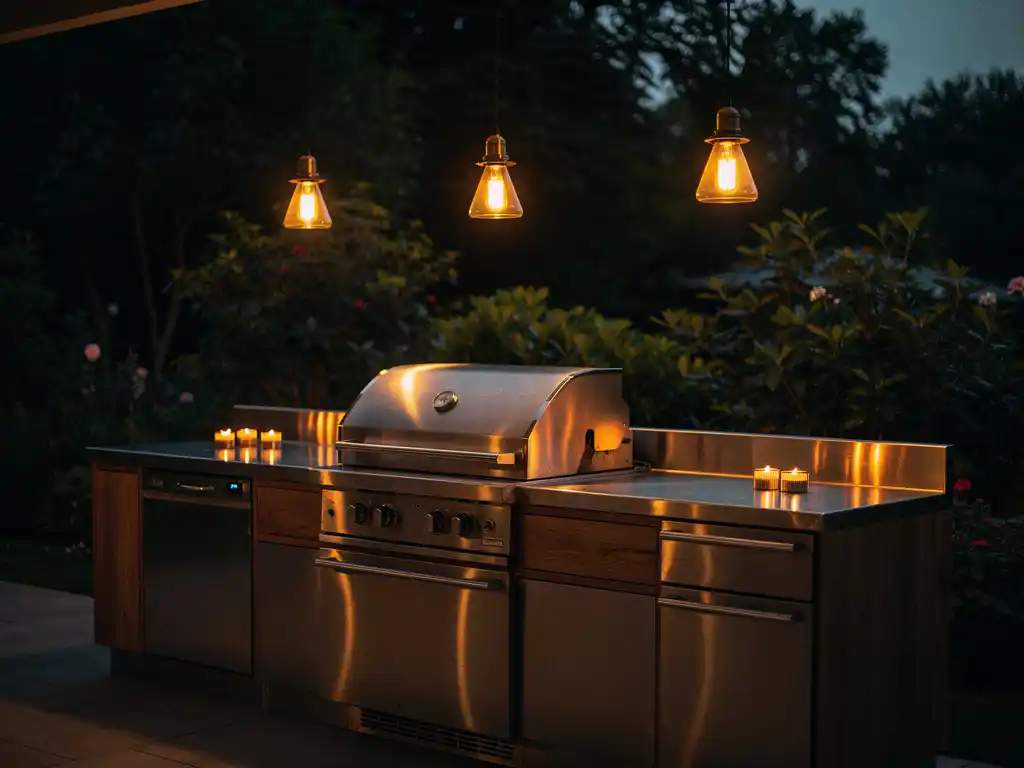 Buitenkeuken met Edison-hanglampen boven stalen en houten werkblad, kaarsen en gouden verlichting, weelderige tuinachtergrond in de avond.