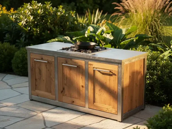Buitenkeuken van geborsteld roestvrij staal en massief eikenhout op een zonnig stenen terras, omgeven door weelderig groen.