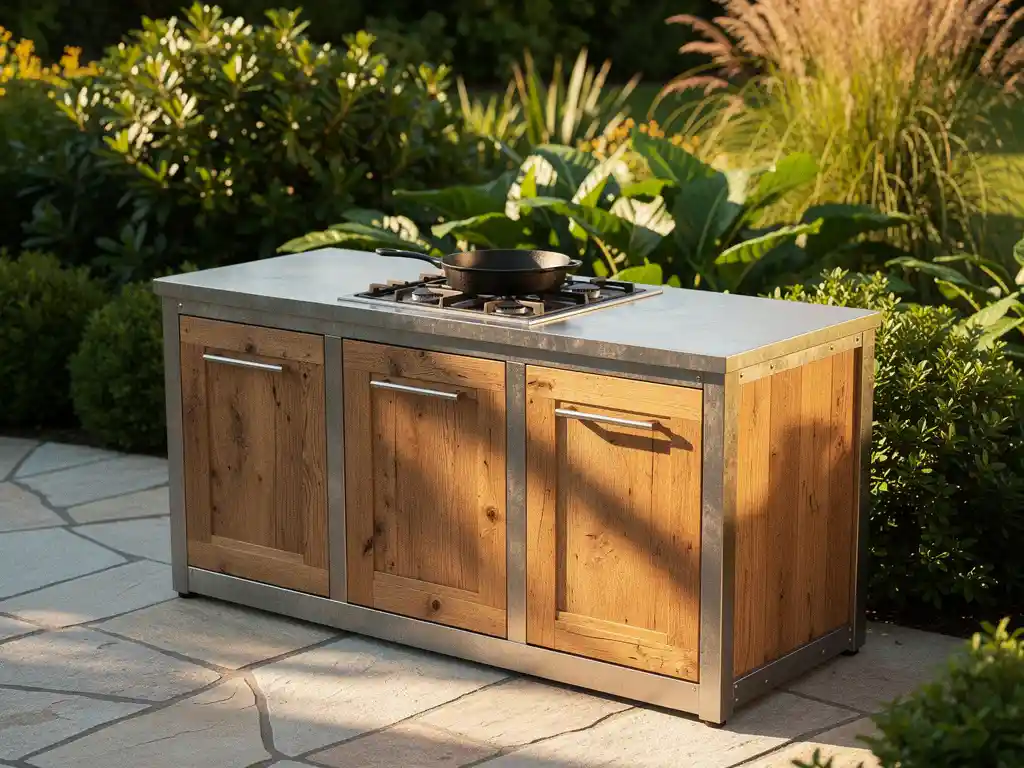 Buitenkeuken van geborsteld roestvrij staal en massief eikenhout op een zonnig stenen terras, omgeven door weelderig groen.