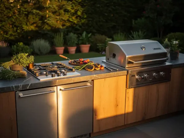 Buitenkeuken met ingebouwde gasbrander, stenen aanrechtblad en houtgestookte grill, omgeven door verse kruiden en gegrilde groenten in gouden avondlicht.