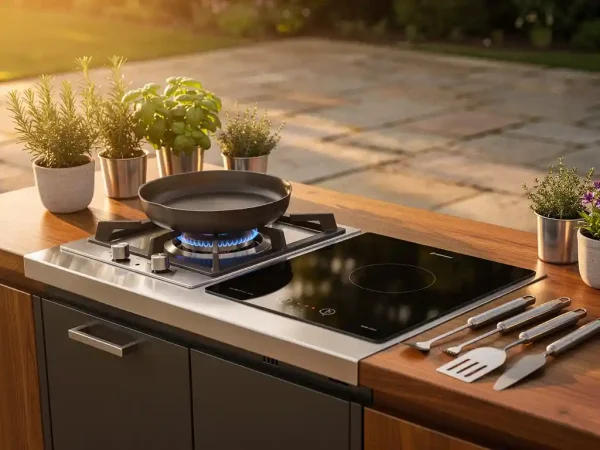 Buitenkeuken met gloeiende gasbrander en inductiekookplaat op stalen werkblad met eikenhout, omringd door verse kruiden en grillgereedschap.
