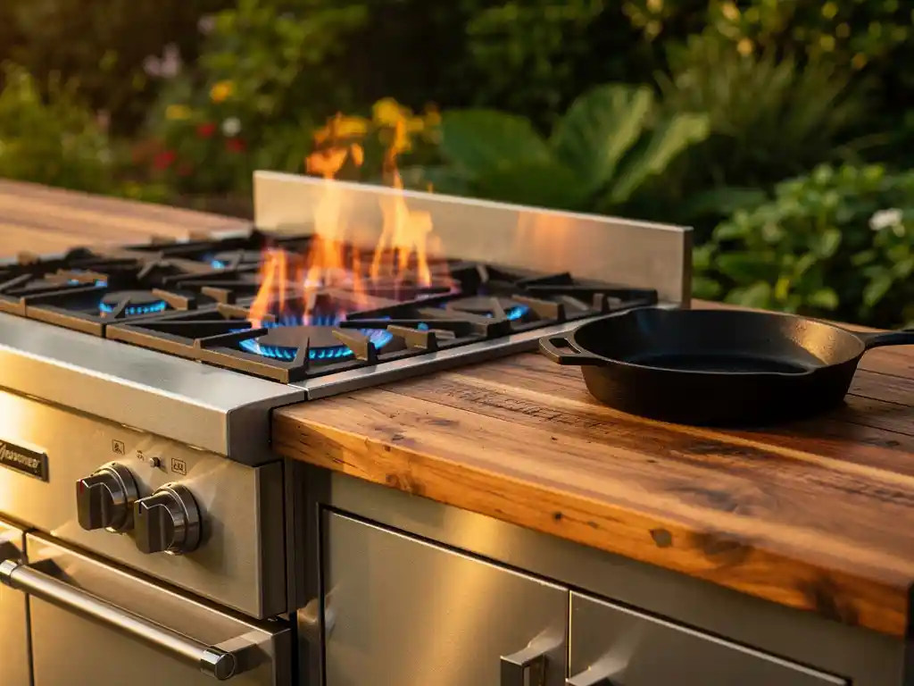Buitenkeuken met roestvrijstalen gasfornuis en blauwe vlammen, houten werkblad, gietijzeren koekenpan en groene tuinachtergrond in middaglicht.