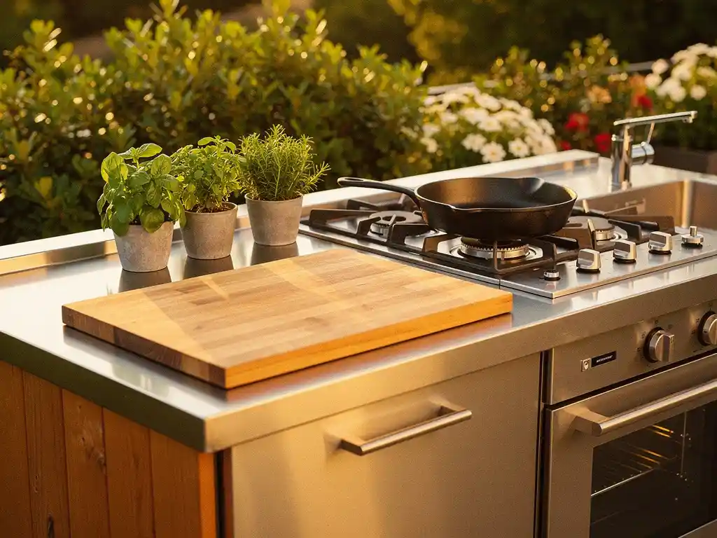 Buitenkeuken met ingebouwde gasbrander, roestvrijstalen spoelbak en houten snijplank op een zonnig terras met verse kruiden en gietijzeren koekenpan.
