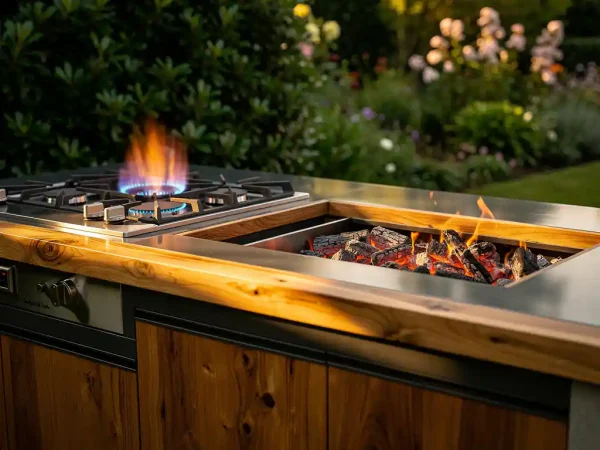 Buitenkeuken met brandende gasbrander en gloeiende houtskoolkolen op robuust stalen werkblad, omgeven door tuingroen in avondlicht.