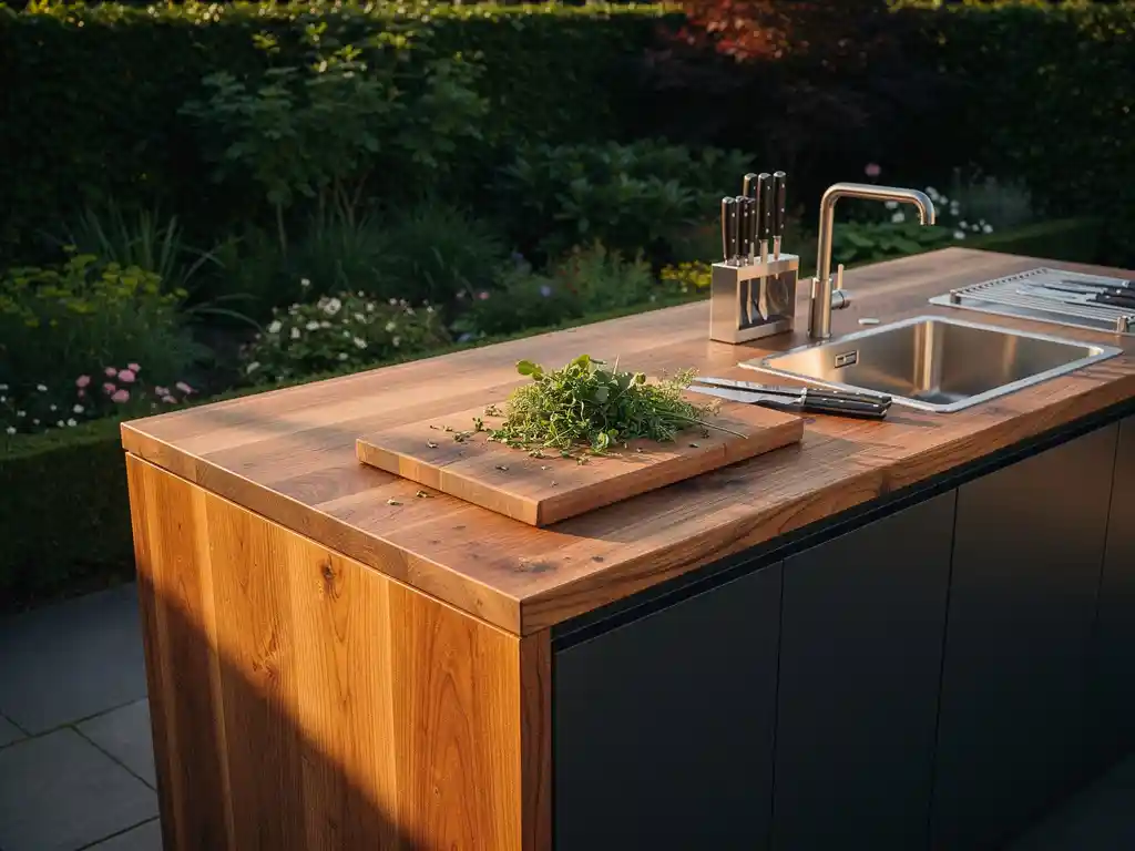 Buitenkeuken werkblad van hardhout en donker staal met snijplank, verse kruiden en grillgereedschap in zonnige Nederlandse tuinpatio.