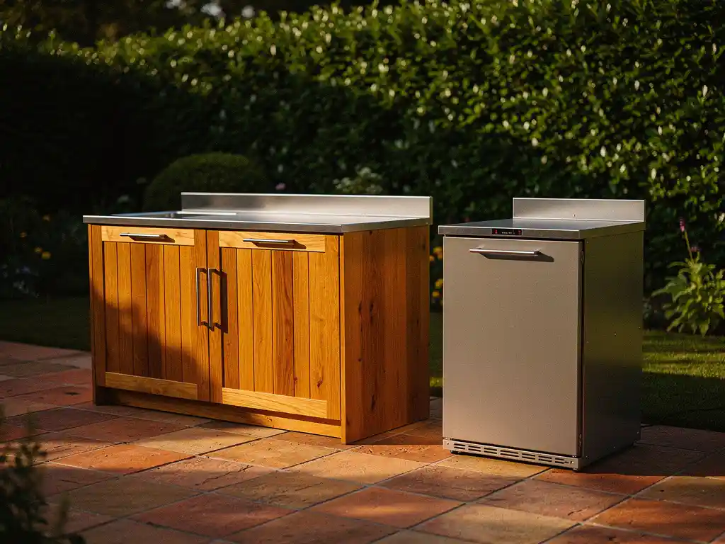 Maatwerk buitenkeuken van hardhout en geborsteld staal naast een flatpack-eenheid op een terras met terracotta tegels en groene hagen.