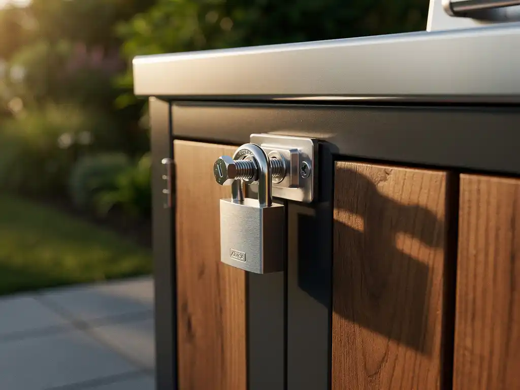Stalen hangslot op een buitenkeuken kast met bout grendel, warm avondlicht en tuin op de achtergrond.