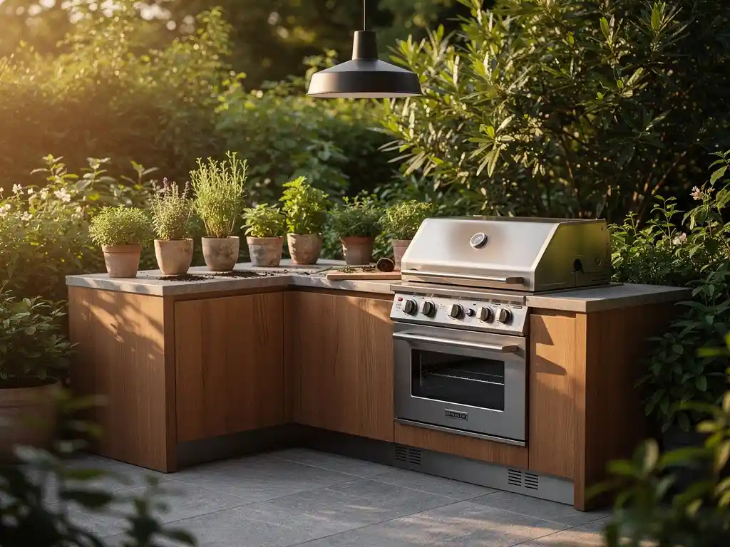 Compacte buitenkeuken met stalen en teakhouten panelen op een betegeld terras, omringd door groen en verlicht door gouden middaglicht.