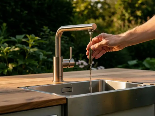 Roestvrijstalen buitenkeuken kraan met stromend water in een diepe spoelbak, op een aanrecht van verweerd staal en eikenhout, met groene tuin op de achtergrond.