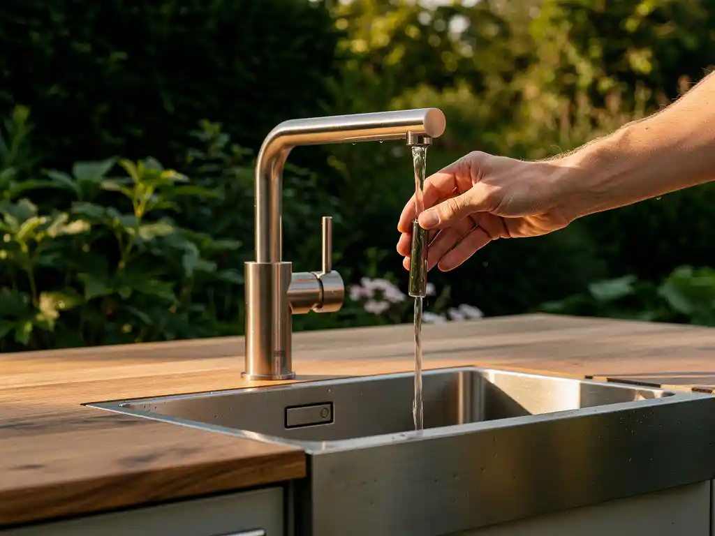 Roestvrijstalen buitenkeuken kraan met stromend water in een diepe spoelbak, op een aanrecht van verweerd staal en eikenhout, met groene tuin op de achtergrond.