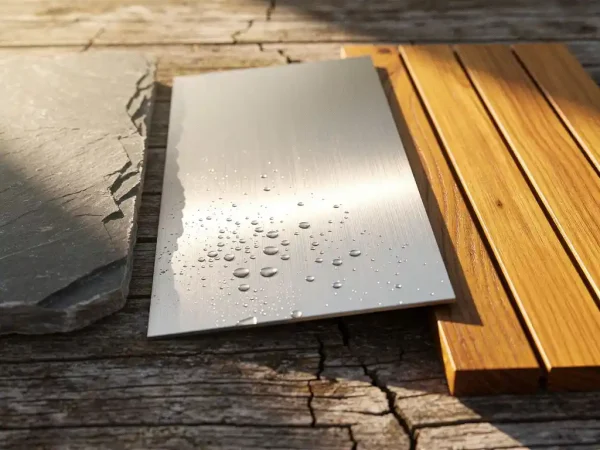 Brushed stainless steel, natuurlijke stenen plaat en geoliede hardhouten planken op verweerd teakoppervlak in middagzon.
