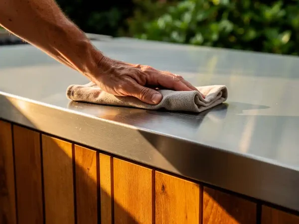 Verweerde hand die buitenkeuken aanrecht schoonmaakt van teak en geborsteld rvs, weelderige tuin op de achtergrond.