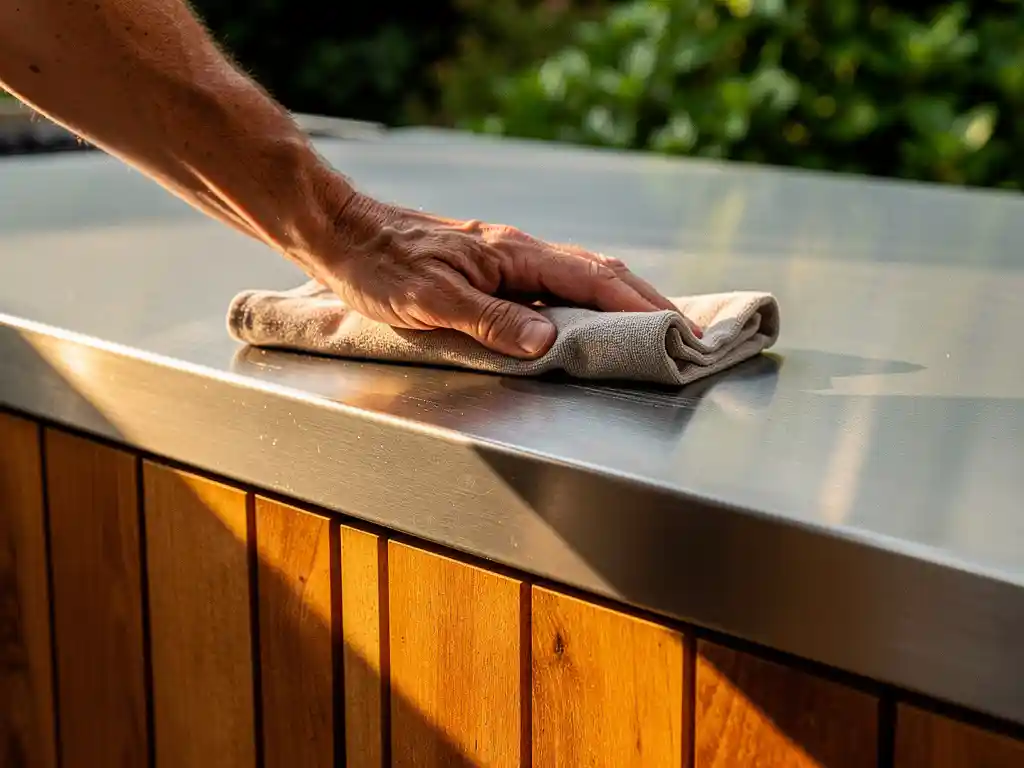 Verweerde hand die buitenkeuken aanrecht schoonmaakt van teak en geborsteld rvs, weelderige tuin op de achtergrond.