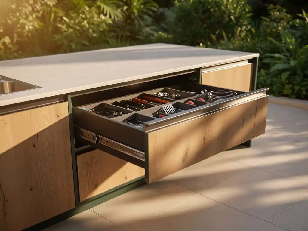 Ingebouwde opberglade van buitenkeuken met georganiseerde grillgereedschappen, omringd door groen op zonnig terras met houten panelen en stalen accenten.