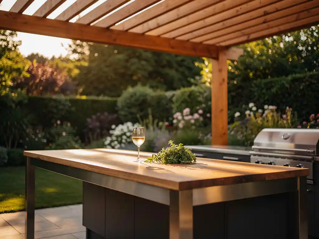 Buitenkeuken met stalen en houten werkblad onder moderne houten pergola, omgeven door groen, glas wijn en verse kruiden in middaglicht.