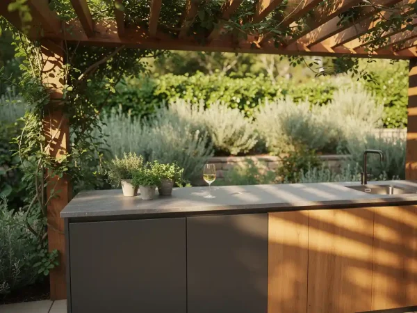 Buitenkeuken met stalen en houten oppervlakken onder houten pergola met klimplanten, stenen werkblad met verse kruiden en wijnglas in middagzon.