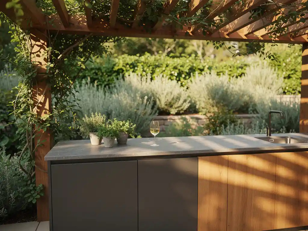 Buitenkeuken met stalen en houten oppervlakken onder houten pergola met klimplanten, stenen werkblad met verse kruiden en wijnglas in middagzon.