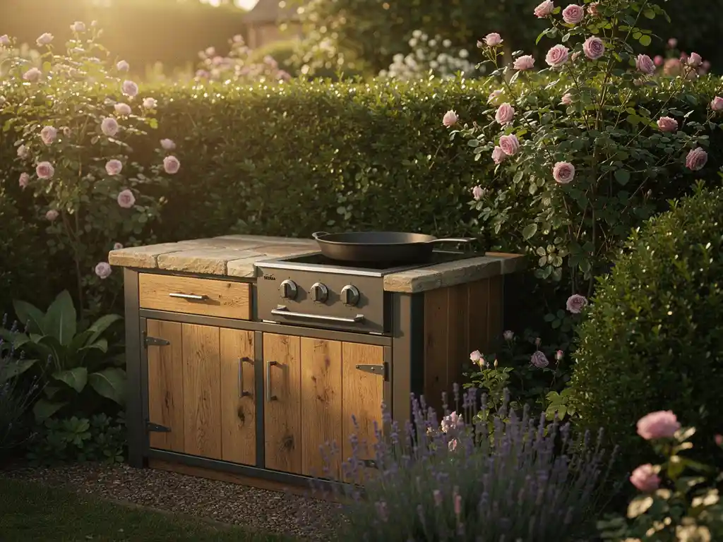 Rustieke buitenkeuken van warm eikenhout en staal, omringd door klimrozen en lavendel, met gietijzeren koekenpan op stenen aanrecht in gouden middaglicht.