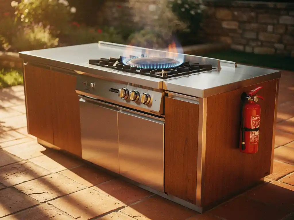 Roestvrijstalen buitenkeuken met blauwe gasvlam op zonnig stenen terras, brandblusser gemonteerd op zijpaneel, warme middagbelichting.