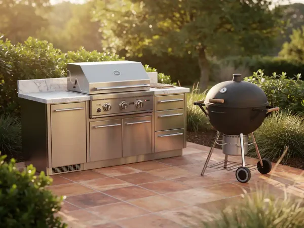 Ingebouwd RVS buitenkeuken met granieten werkblad en ingebouwde barbecue naast vrijstaande grill op zonnig terras, omringd door weelderig groen.